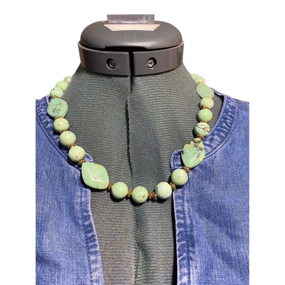 Green Turquoise Bead Statement Necklace Gold Tone Spacer Accents Adjustable
